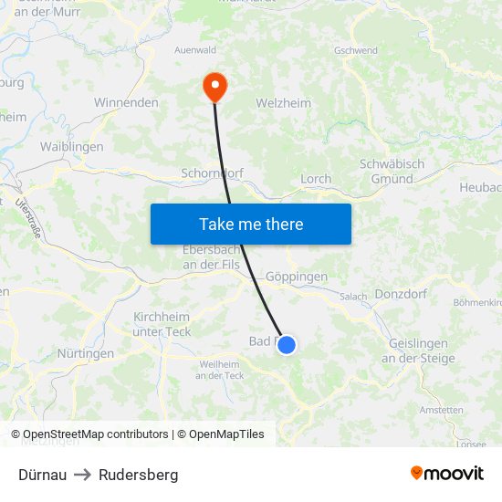 Dürnau to Rudersberg map