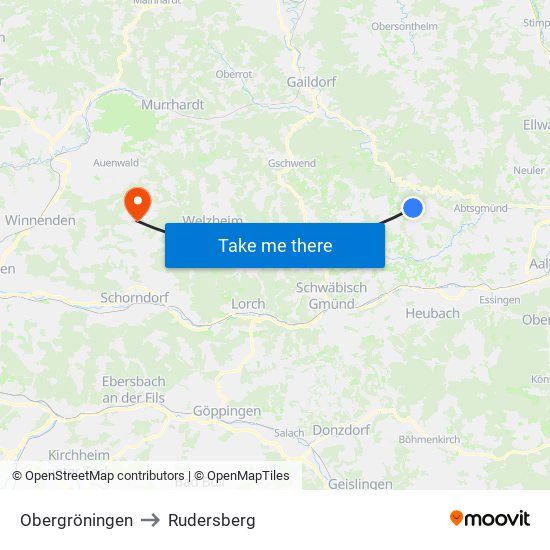 Obergröningen to Rudersberg map