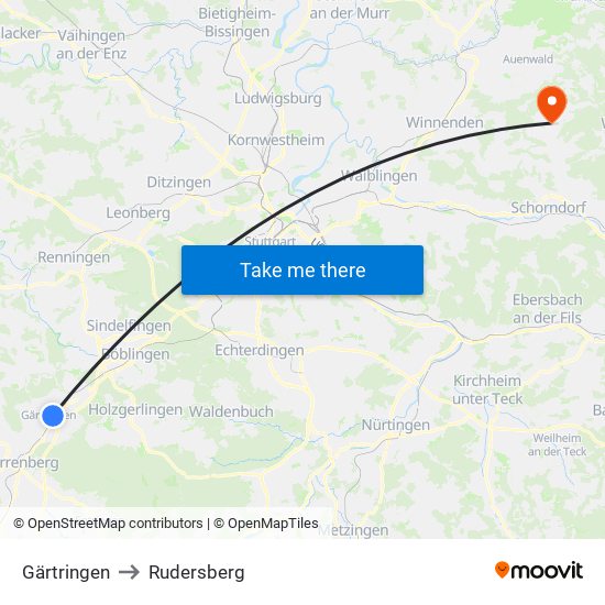 Gärtringen to Rudersberg map