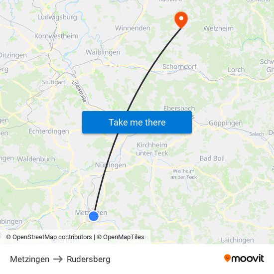 Metzingen to Rudersberg map