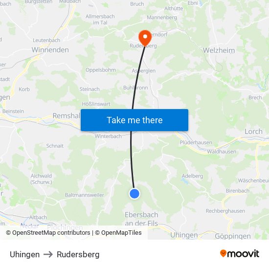 Uhingen to Rudersberg map