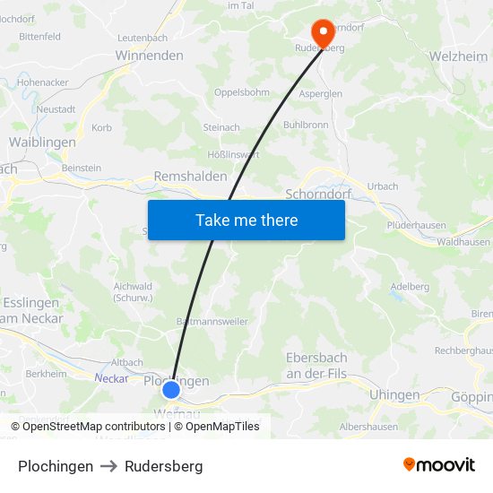 Plochingen to Rudersberg map