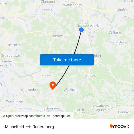 Michelfeld to Rudersberg map