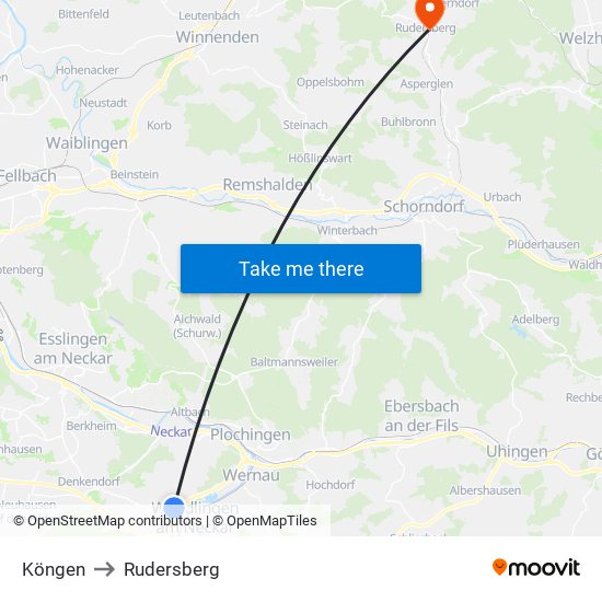 Köngen to Rudersberg map