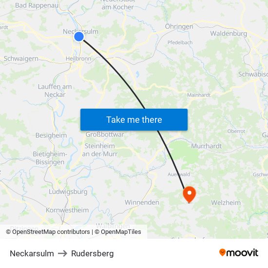 Neckarsulm to Rudersberg map