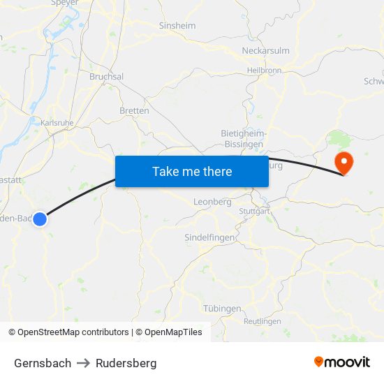 Gernsbach to Rudersberg map