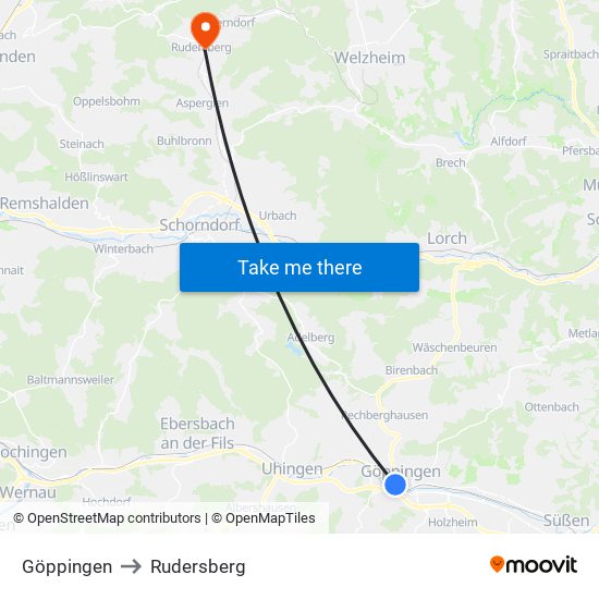 Göppingen to Rudersberg map