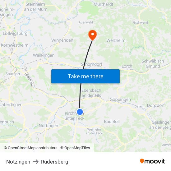 Notzingen to Rudersberg map