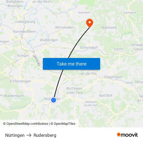 Nürtingen to Rudersberg map