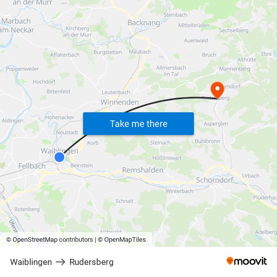 Waiblingen to Rudersberg map