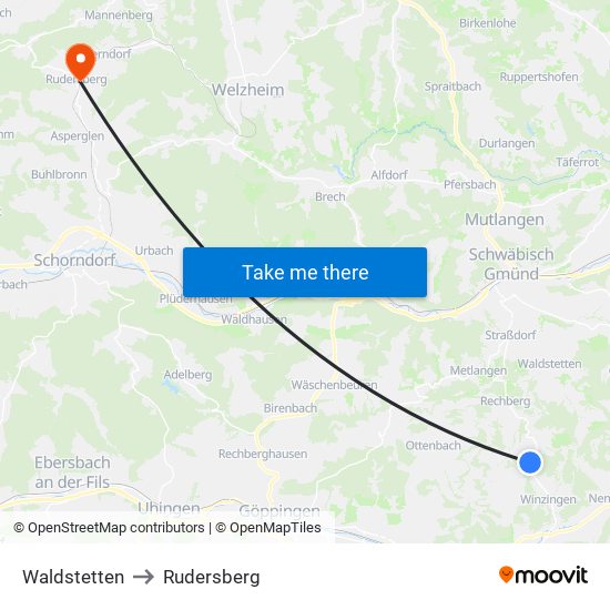 Waldstetten to Rudersberg map