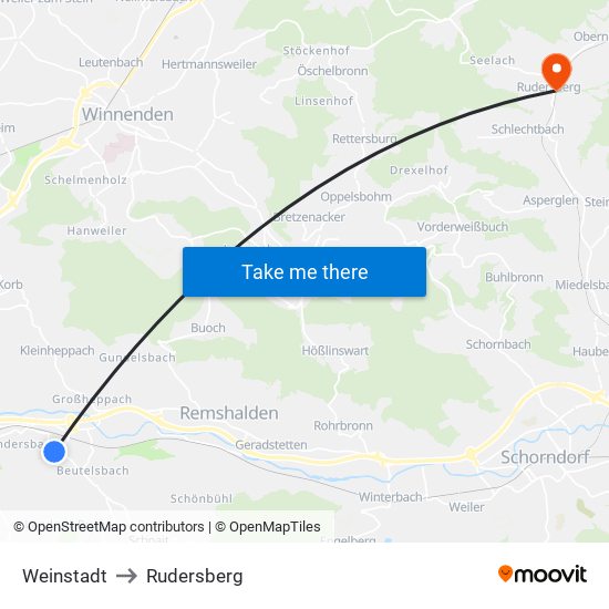 Weinstadt to Rudersberg map