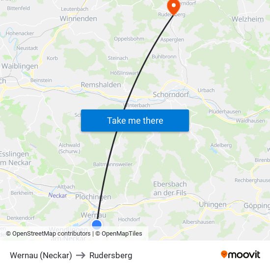 Wernau (Neckar) to Rudersberg map