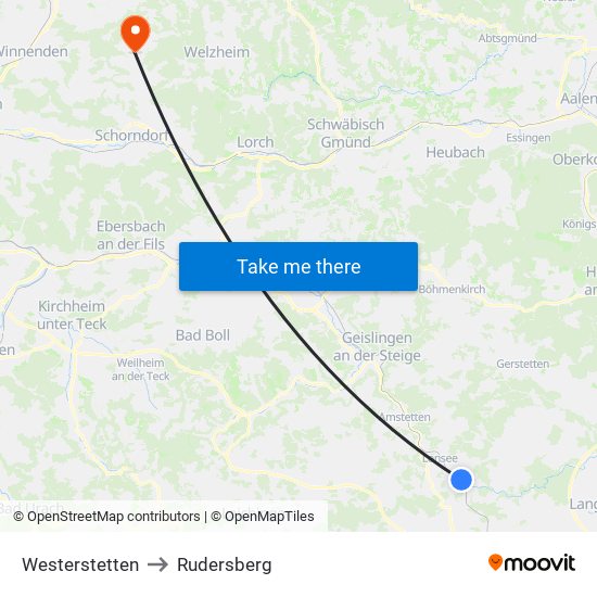 Westerstetten to Rudersberg map