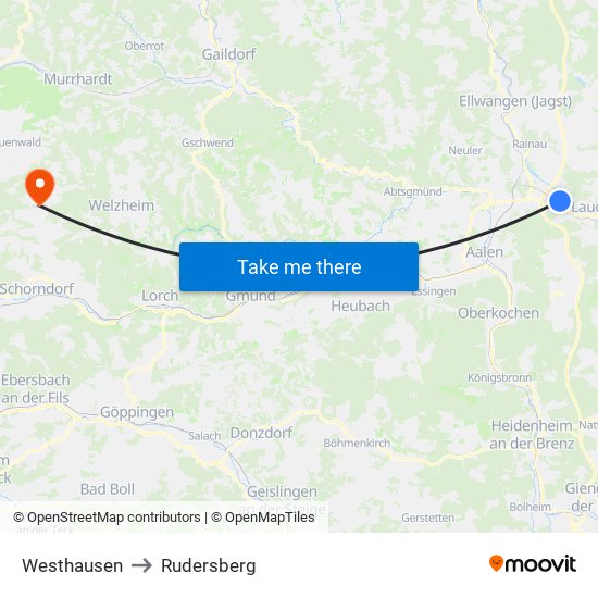 Westhausen to Rudersberg map