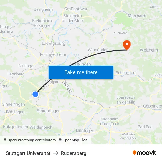 Stuttgart Universität to Rudersberg map