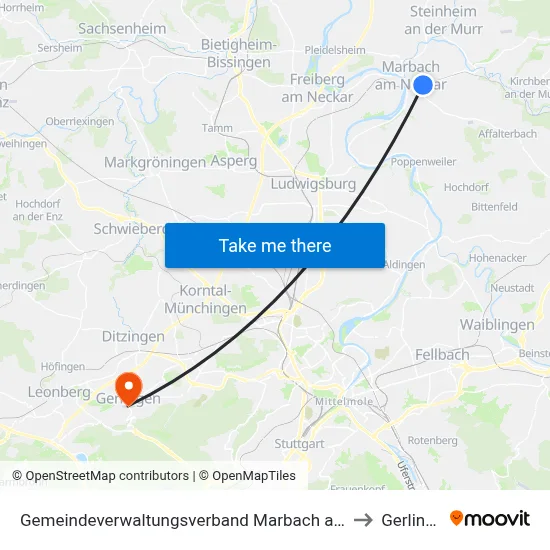 Gemeindeverwaltungsverband Marbach am Neckar to Gerlingen map