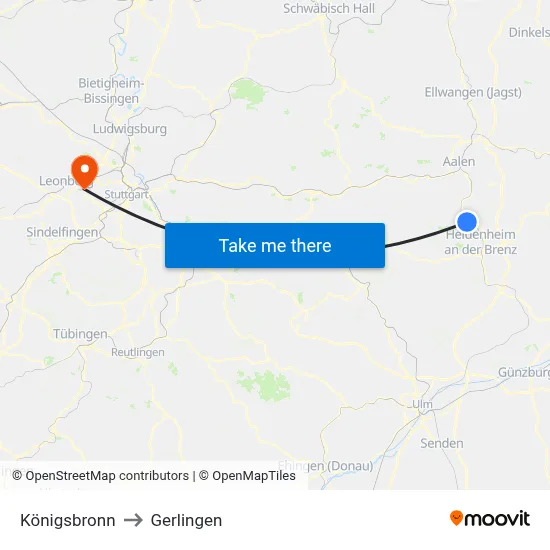 Königsbronn to Gerlingen map