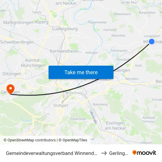 Gemeindeverwaltungsverband Winnenden to Gerlingen map