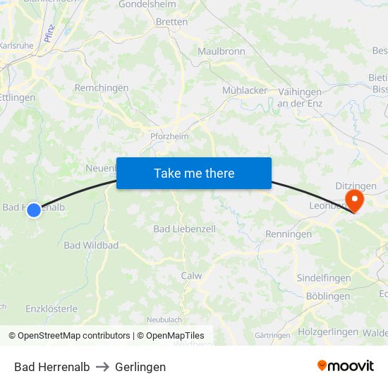 Bad Herrenalb to Gerlingen map