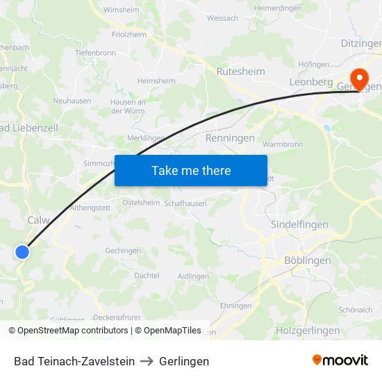 Bad Teinach-Zavelstein to Gerlingen map