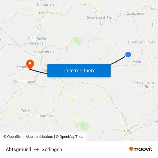Abtsgmünd to Gerlingen map