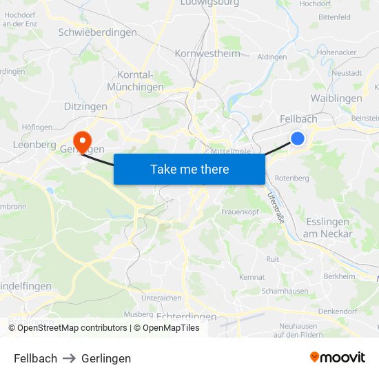 Fellbach to Gerlingen map