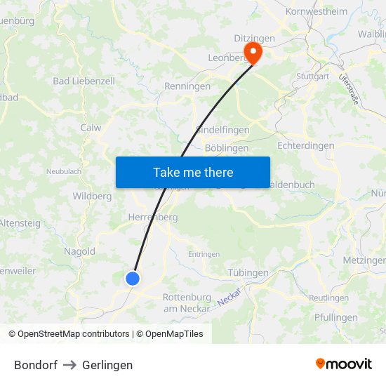 Bondorf to Gerlingen map