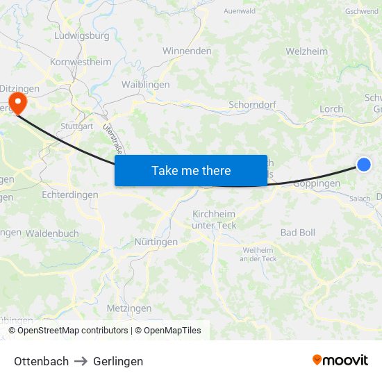 Ottenbach to Gerlingen map