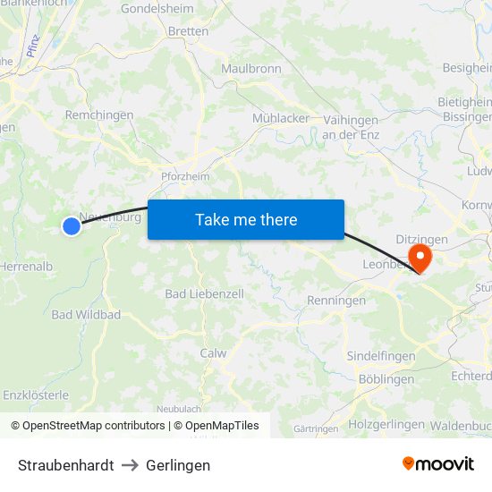 Straubenhardt to Gerlingen map