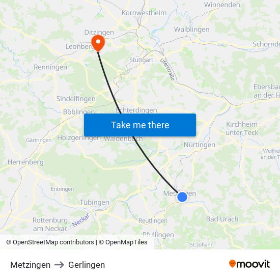Metzingen to Gerlingen map