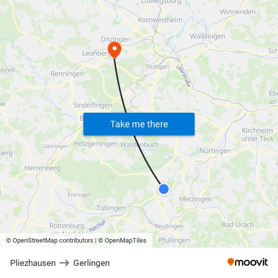 Pliezhausen to Gerlingen map