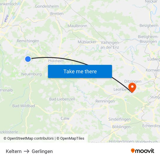 Keltern to Gerlingen map