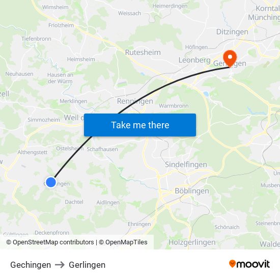 Gechingen to Gerlingen map
