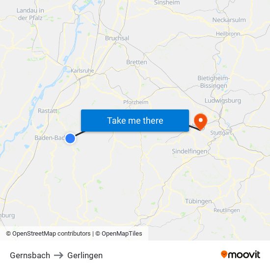Gernsbach to Gerlingen map