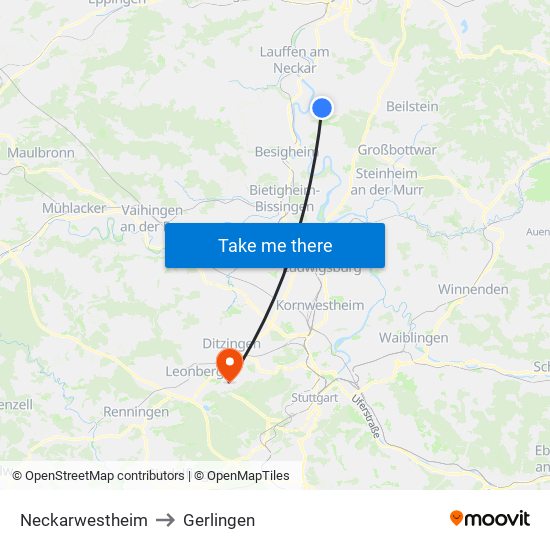 Neckarwestheim to Gerlingen map