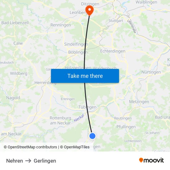 Nehren to Gerlingen map