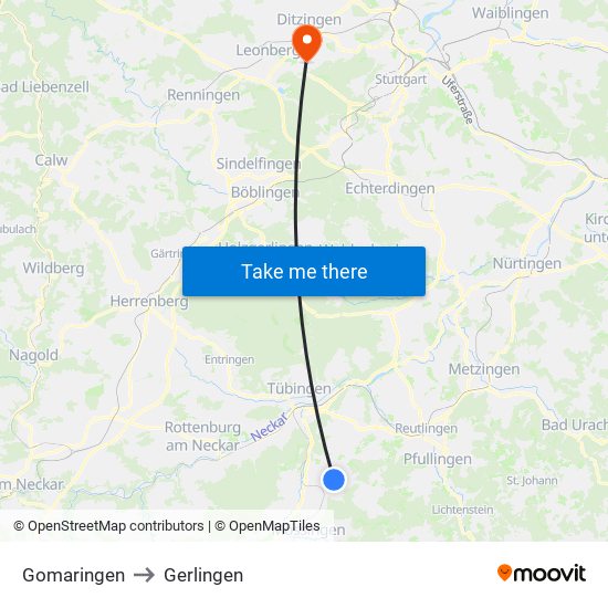 Gomaringen to Gerlingen map