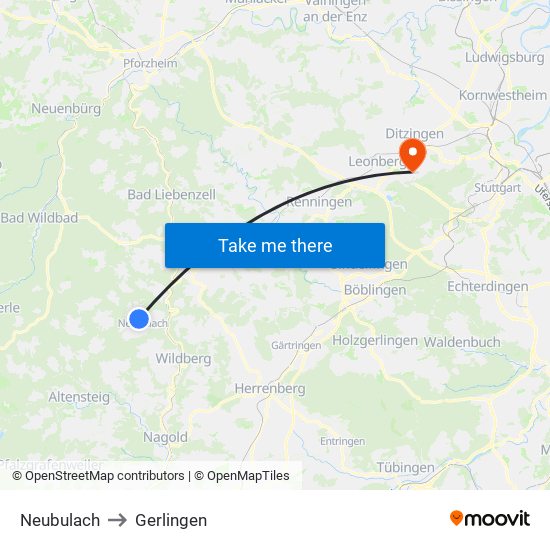 Neubulach to Gerlingen map