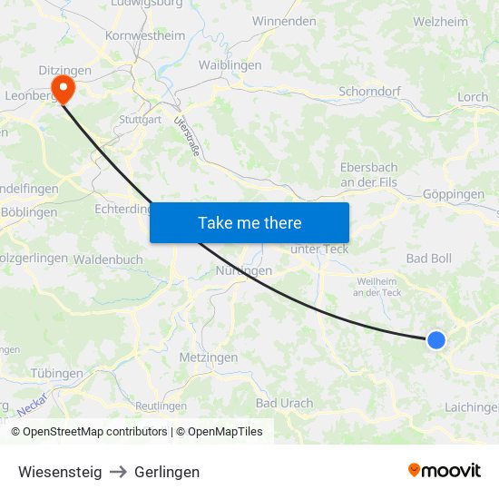 Wiesensteig to Gerlingen map