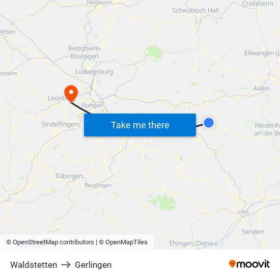 Waldstetten to Gerlingen map