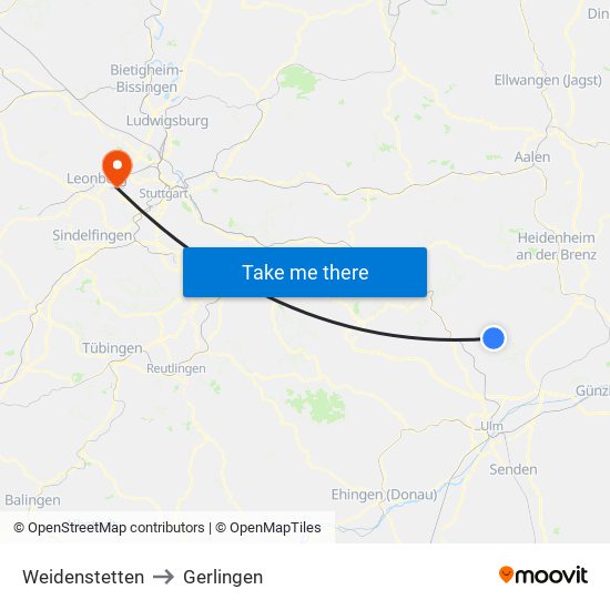 Weidenstetten to Gerlingen map