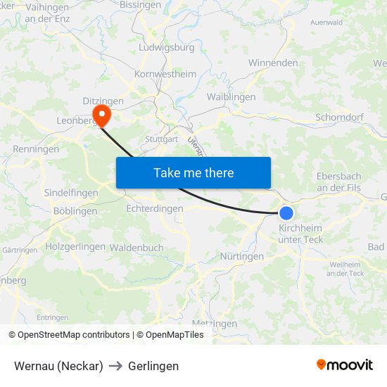 Wernau (Neckar) to Gerlingen map