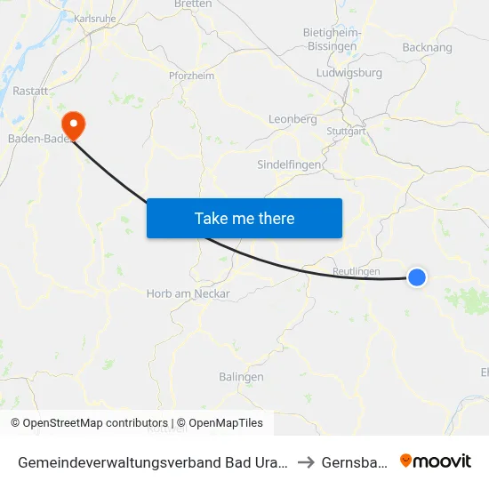 Gemeindeverwaltungsverband Bad Urach to Gernsbach map