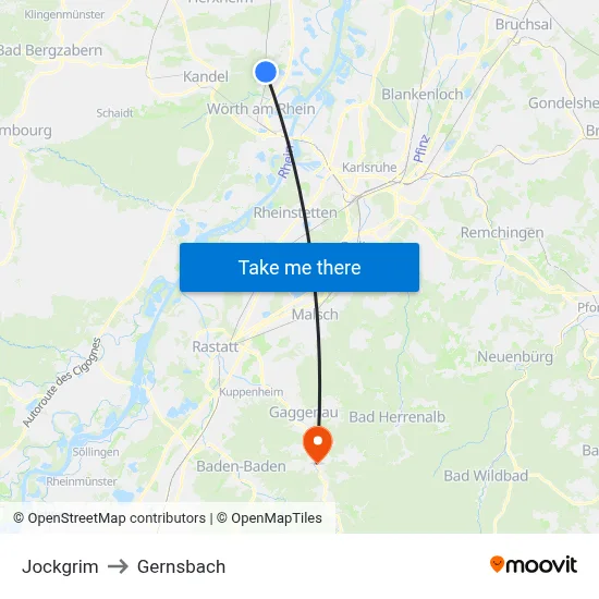 Jockgrim to Gernsbach map