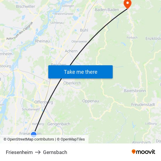 Friesenheim to Gernsbach map
