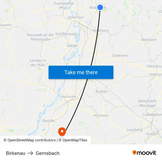 Birkenau to Gernsbach map