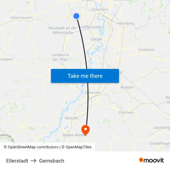 Ellerstadt to Gernsbach map