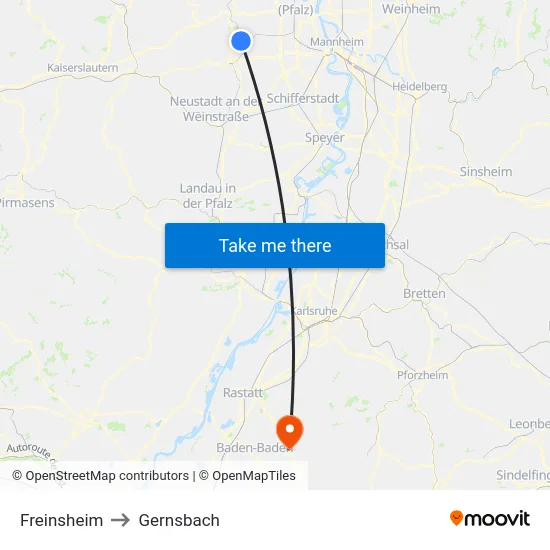 Freinsheim to Gernsbach map