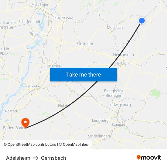 Adelsheim to Gernsbach map